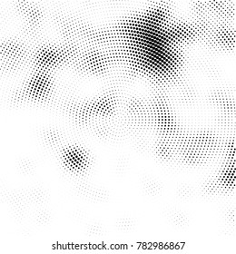 Halftone abstract background. Radial grunge pattern with spots of ink. Monochrome vector texture for print on business cards, labels, posters, stickers