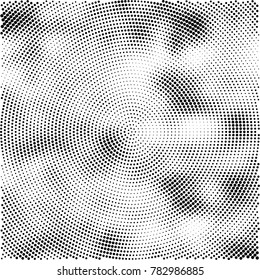 Halftone abstract background. Radial grunge pattern with spots of ink. Monochrome vector texture for print on business cards, labels, posters, stickers