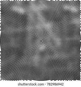 Halftone abstract background. Radial grunge pattern with spots of ink. Monochrome vector texture for print on business cards, labels, posters, stickers