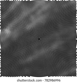 Halftone abstract background. Radial grunge pattern with spots of ink. Monochrome vector texture for print on business cards, labels, posters, stickers