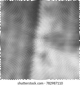 Halftone abstract background. Radial grunge pattern with spots of ink. Monochrome vector texture for print on business cards, labels, posters, stickers