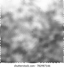 Halftone abstract background. Radial grunge pattern with spots of ink. Monochrome vector texture for print on business cards, labels, posters, stickers