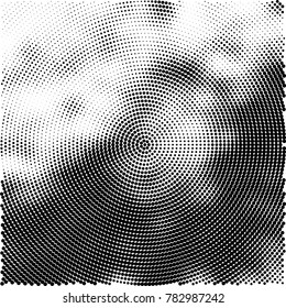 Halftone abstract background. Radial grunge pattern with spots of ink. Monochrome vector texture for print on business cards, labels, posters, stickers