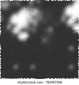 Halftone abstract background. Radial grunge pattern with spots of ink. Monochrome vector texture for print on business cards, labels, posters, stickers