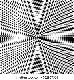 Halftone abstract background. Radial grunge pattern with spots of ink. Monochrome vector texture for print on business cards, labels, posters, stickers