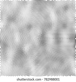 Halftone abstract background. Radial grunge pattern with spots of ink. Monochrome vector texture for print on business cards, labels, posters, stickers
