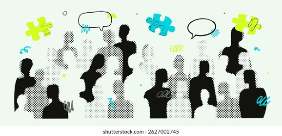 A halftone abstract crowd of people and doodle speech bubbles and puzzle pieces above them. The concept of society, partnership and communication.
