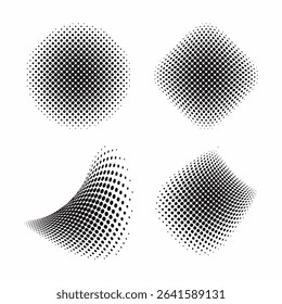 Halftone Abstract Dot Shapes Set, Distorted Black Gradient Vector Elements
