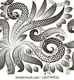 Halftone abstract floral Paisley vector seamless pattern. Black and white monochrome background. Half tone dotted hand drawn paisley flowers, leaves, chains. Modern textured ornament with dots, lines