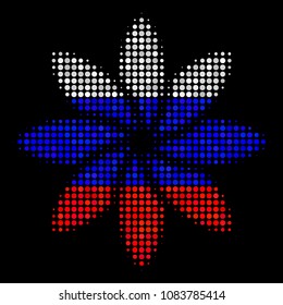 Halftone Abstract Flower icon colored in Russian state flag colors on a dark background. Vector collage of abstract flower icon done of spheric items.