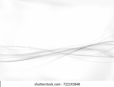 Halftone abstract futuristic elegant graphic speed airy swoosh lines background. Modern grey fashion beautiful mild dotted motion wave layout template. Smoke curve over white. Vector illustration