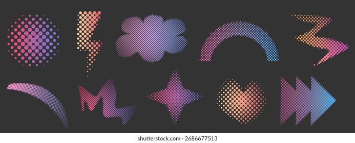 Conjunto geométrico abstrato de meio-tom pontilhado pela decoração da moda y2k. Gradiente de pixel retro, efeito de grão. Pop art estilo pontilhado corações, isolado no branco 