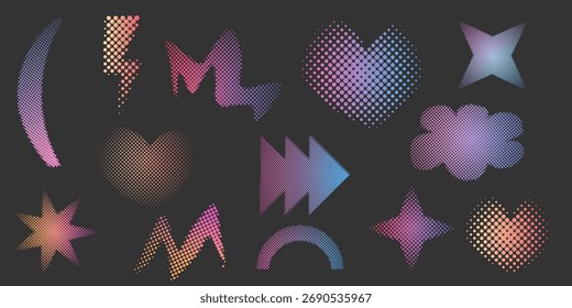 Conjunto geométrico abstracto semitono punteado y2k decoración de moda. Píxel retro degradado, efecto granulado. Corazones punteados del estilo del arte Pop, aislados en blanco 