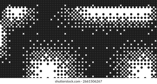 Halftone abstract grunge background. Noise grid gradient monochrome design cover. Grain overlay. Dots pattern horizontal banner. Vector abstract gradient illustration.