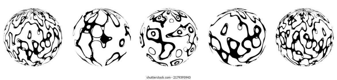 Conjunto abstracto de esferas de media tonalidad. Diseño de líneas caóticas, olas, rayas. El mundo. Flujos de energía. Textura de círculos de plexo, anillos. Iconos, símbolos para la tecnología, el arte, la ciencia, los negocios. Vector	
