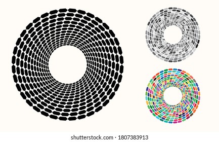 Halftone abstract shape in circle form from hexagons. Set with differents colors.