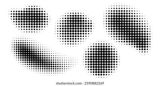 Halftone abstract shapes, organic geometric forms with dot pattern design, gradient monochrome texture. Isolated  elements set on white background. Vector illustration