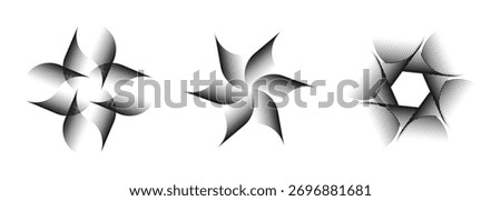 Halftone abstract spiral flower shapes forming dynamic geometric patterns in black and white design.