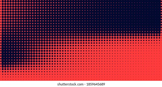 Halftone im abstrakten Stil. Geometrisches Retro-Banner, Vektorstruktur. Moderner Druck. Dunkelblauer und roter Hintergrund. Lichteffekt.