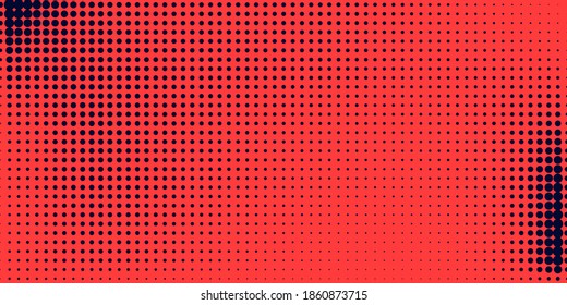 Medio tono de estilo abstracto. Textura vectorial de banner retro geométrico. Impresión moderna. Fondo azul oscuro y rojo. Efecto ligero.