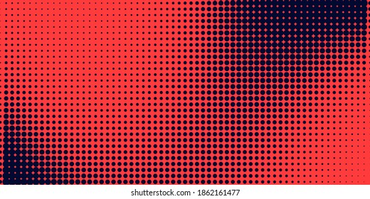 Halftone im abstrakten Stil. Geometrisches Retro-Banner, Vektorstruktur. Moderner Druck. Dunkelblauer und roter Hintergrund. Lichteffekt.