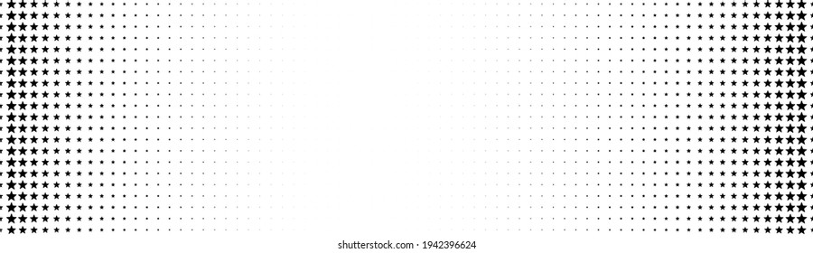 Halftone in abstract style with stars. Geometric retro banner vector texture. Modern print. White and black background. Light effect