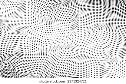 Textura abstracta de semitono. Fondo óptico monocromo. Patrón de efectos detectados. Textura de medio tono con puntos. Banner blanco negro. Huella de arte pop futurista. Ilustración vectorial.