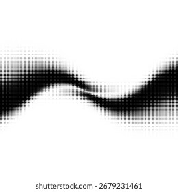 Halftone abstract wave texture in black and white. Modern dynamic background with retro grain effect. Vector minimal design element.