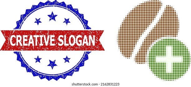 Halftone add coffee icon, and bicolor textured Creative Slogan seal stamp. Halftone add coffee icon is designed with small round items. Vector seal with retro bicolored style,