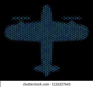 Halftone Aircraft mosaic icon of empty circles in blue color hues on a black background. Vector empty circles are grouped into aircraft mosaic.