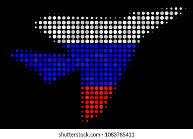 Halftone Airplane Intercepter pictogram colored in Russia state flag colors on a dark background. Vector concept of airplane intercepter icon organized of round spots.