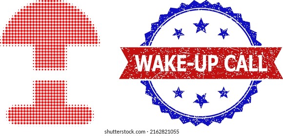 Icono de botón de alarma de semitono y sello de llamada de Wake-Up de textura bicolor. El icono del botón de alarma de semitono se hace con pequeños elementos redondos. Sello vectorial con un estilo bibicoloroso granulado,