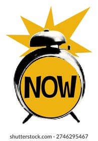 Halftone alarm clock with bright yellow burst and bold Now text. Concept of urgency, deadline, time management, flash sale, immediate action. Modern retro vector illustration for collage and scrapbook