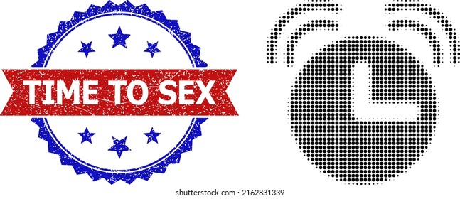 Icono de reloj de alarma de semitono, y sello de tiempo de textura bicolor a sello sexual. El icono del reloj de alarma de semitono se hace con pequeños elementos redondos. Marca de agua vectorial con estilo retro bicolores,