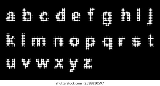 Alfabeto de semitono A-Z minúscula en blanco aislado sobre fondo negro. Adecuado para diseños de Anuncio, carteles, serigrafía, corte por láser, etc. Vector