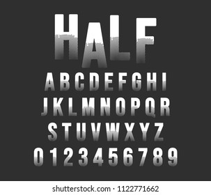 Halftone alphabet font template. Letters and numbers half tone stamp design. Vector illustration.