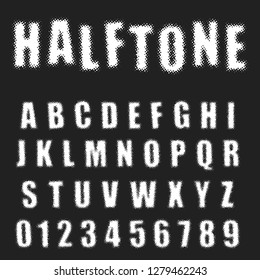 Halftone alphabet font template. Letters and numbers distressed design. Vector illustration.