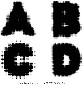 Letras vetoriais de meio-tom, Tipografia de meio-tom ABC, Vetor de alfabeto com padrões de ponto, 
