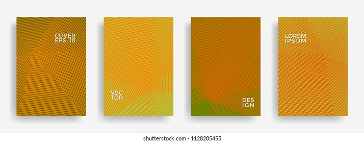 Halftone annual report design vector collection. Halftone stripes edged texture cover page layout templates set. Report covers geometric design, business booklet pages corporate backgrounds.