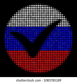 Halftone Apply icon colored in Russian state flag colors on a dark background. Vector mosaic of apply icon designed from circle elements. Designed for political and Russian patriotic purposes.