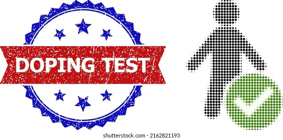 Halftone apply man icon, and bicolor scratched Doping Test stamp. Halftone apply man icon is constructed with small circle pixels. Vector imprint with scratched bicolored style,