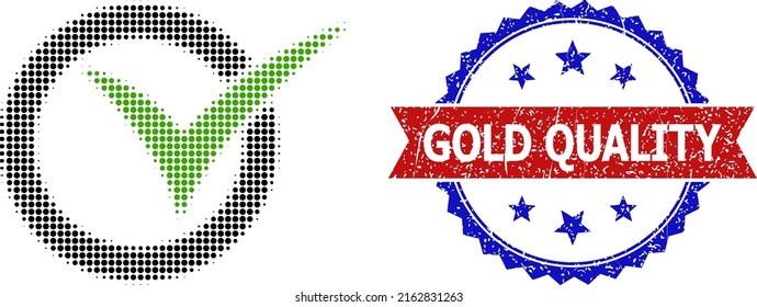 Halftone approve icon, and bicolor unclean Gold Quality seal. Halftone approve icon is made with small round items. Vector seal with corroded bicolored style,