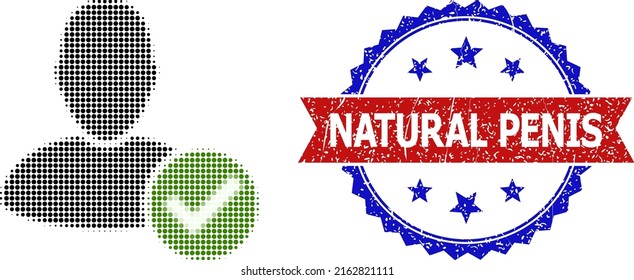 El semitono aprueba el icono de usuario y el sello de pene natural no limpio bicolor. El icono de aprobación de semitono se genera con pequeños elementos redondos. Sello vectorial de estilo retro bicolores,