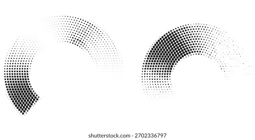 Halbtonbogen-Fade-Elemente-Set, gepunktete monochrome Halbkreismuster mit glatten Gradientenübergängen, abstraktes modernes Vektordesign mit geometrischer Kurvenvariation
