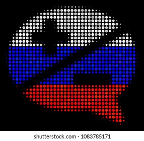 Halftone Arguments pictogram colored in Russian state flag colors on a dark background. Vector collage of arguments icon constructed with spheric elements.