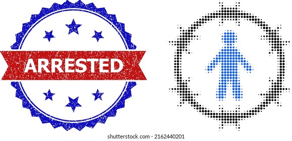 Halftone arrested man icon, and bicolor grunge Arrested watermark. Halftone arrested man icon is constructed with small round points. Vector watermark with grunge bicolored style,