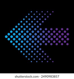 Halftone arrow design. Blue and purple dots. Vector graphic. Black background.