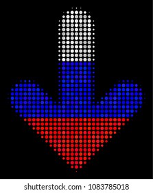 Halftone Arrow Down pictogram colored in Russian official flag colors on a dark background. Vector mosaic of arrow down icon made from spheric spots.