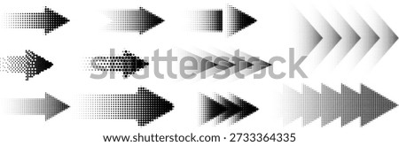 Halftone arrow icons, black direction symbol, dotted pointer, straight arrow with fade effect. Vector set 