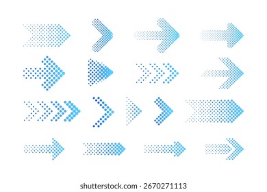 Iconos de flecha de semitono Conjunto de símbolos de dirección punteada azul degradado